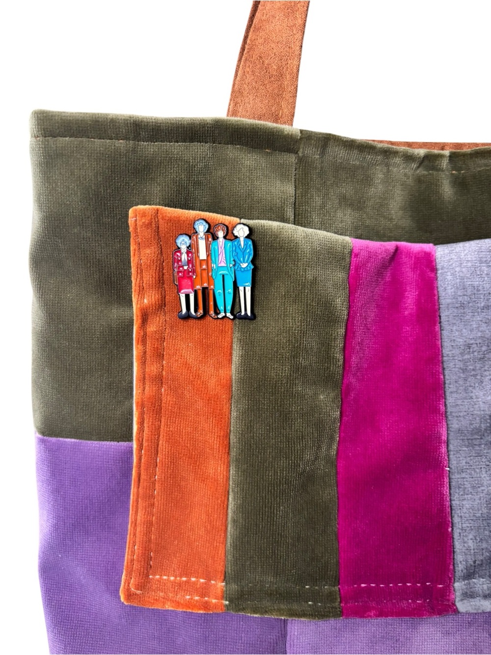 Handmade Colorblock Velvet Patchwork Tote Bag w/ Golden Girls Enamel Pin - Picture 6 of 8